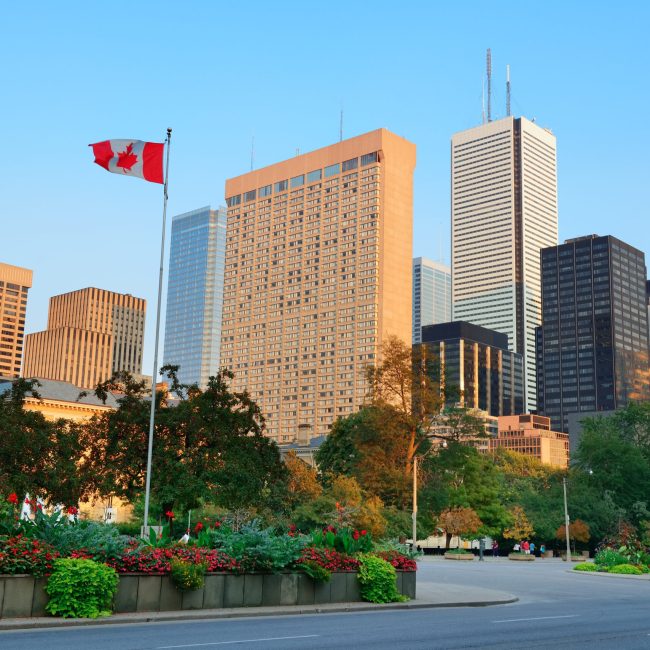 Toronto street view at dusk with urban buildings